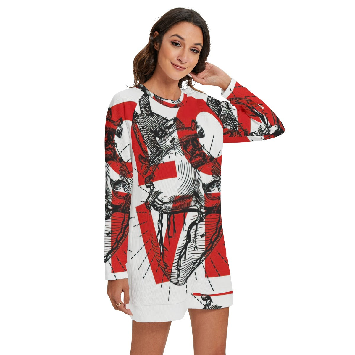 Grafica Women's Love Print Women's Round Neck Raglan Sleeve Sweater