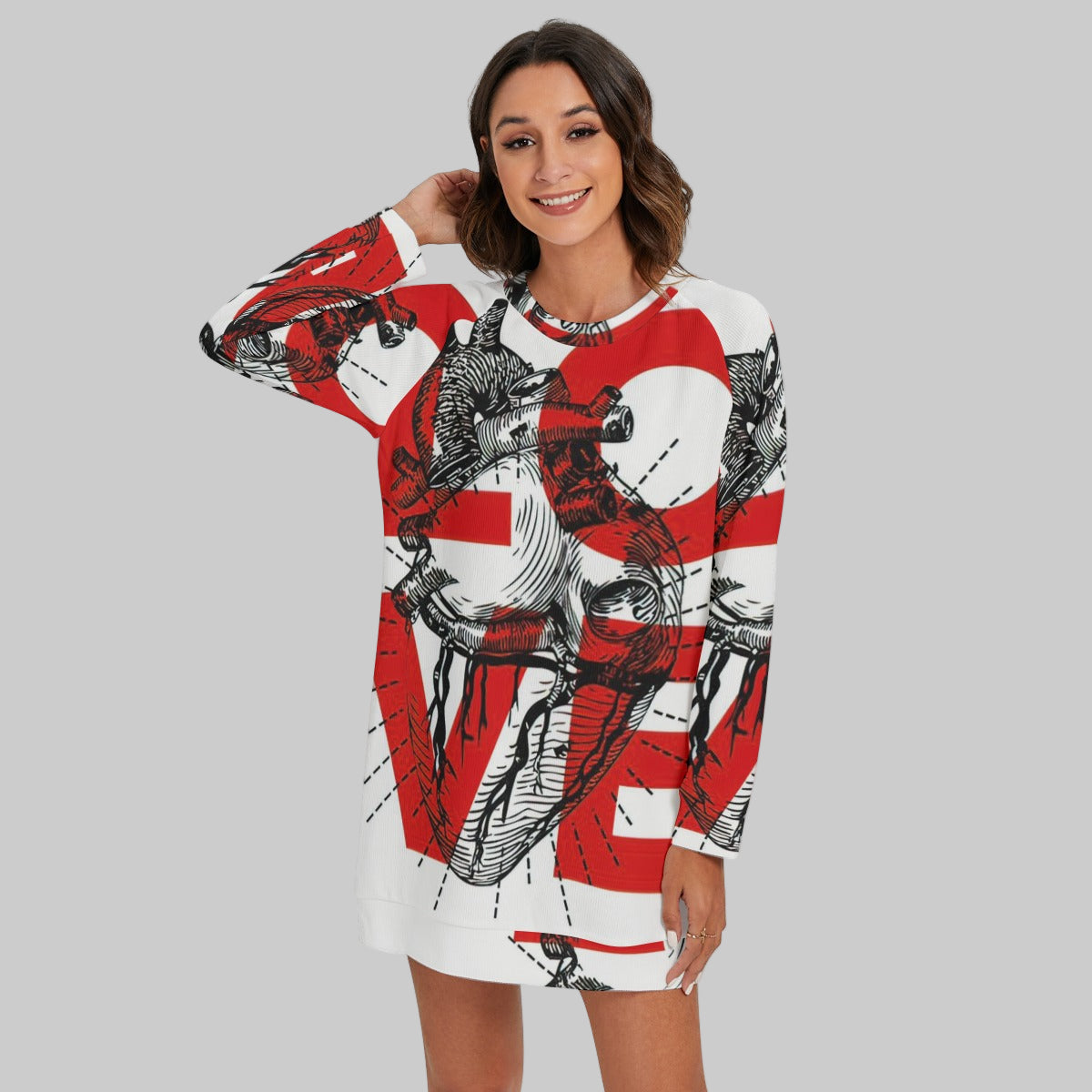 Grafica Women's Love Print Women's Round Neck Raglan Sleeve Sweater